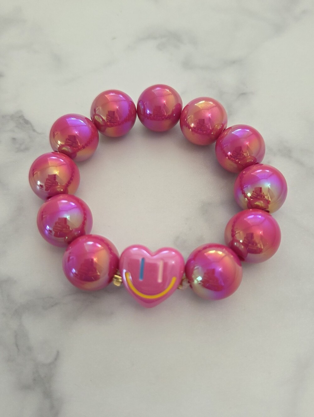 Chunky Hot Pink Iridescent Beaded Bracelet Heart Smile Charm Stretch - Picture 10 of 12